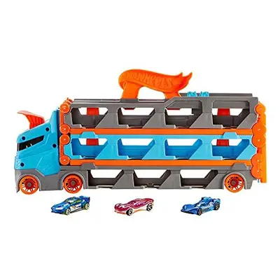 ?Hot Wheels Speedway Hauler Storage Carrier with 1:64 Scale Cars & Convertible 6-Foot Drag Race 