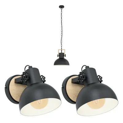 Ceiling Pendant Light & 2x Matching Wall Lights Black & Wood Industrial Shade