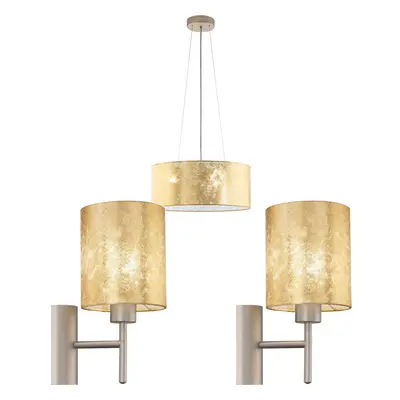 Ceiling Pendant Light & 2x Matching Wall Lights Champagne & Gold Fabric Shade