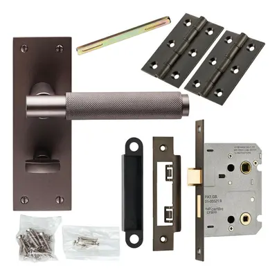 Door Handle & Bathroom Lock Pack Matt Bronze Knurled Bar Thumb Turn Backplate