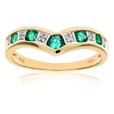 (U) Jewelco London 9ct Yellow Gold Emerald & Diamond Wishbone Ring