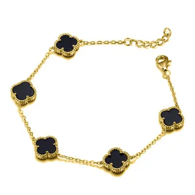 Jewelco London 14k Gold-plated Silver Black Clover Onyx Bead Edge Lucky Charm Station Bracelet 7