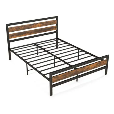 King Bed Frame Industrial Metal Platform Bed w/ Headboard & Footboard