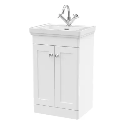 Traditional Floor Standing Door Vanity Unit with Tap Hole Fireclay Basin, 500mm - Satin White