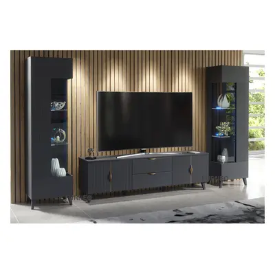 (RGB (multicoloured) LED Lights) Furneo Grey Living Room Set TV Stand Display Cabinets Azzurro10