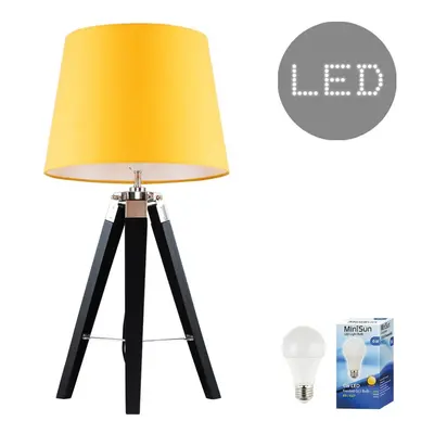 Modern Black Wood and Silver Chrome Tripod Table Lamp with a Mustard Tapered Light Shade - Compl