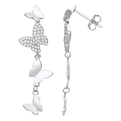 Jewelco London Ladies Rhodium Plated Sterling Silver CZ Butterfly Paper Chain Drop Earrings - EA