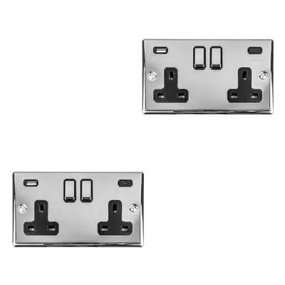 2 PACK Gang Double UK Plug Socket & Dual 3.1A USB-C & A CHROME 13A Switched