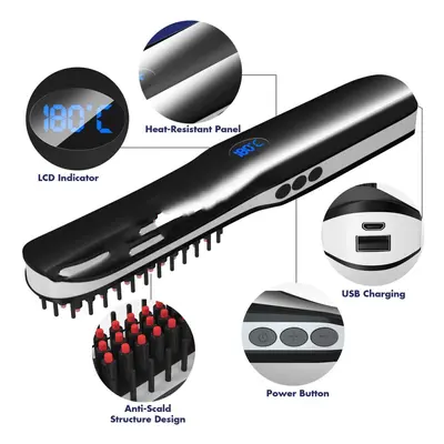 2 in1 Electric Cordless LCD Quick Beard Straightener Hair Brush Comb Curling Curler