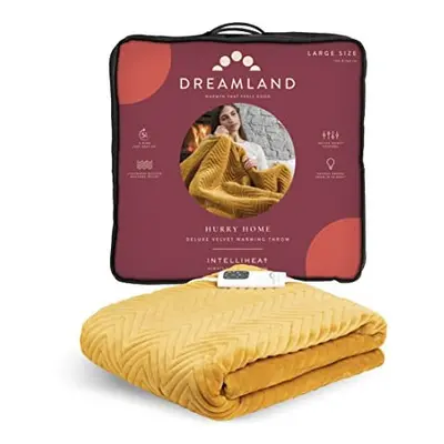 Dreamland Deluxe Velvet Herringbone Heated Throw Mustard Intelliheat+ Minute Fast Heat Electric 