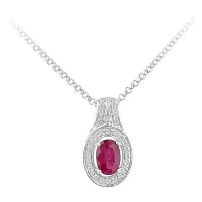 Jewelco London 18ct White Gold Round 8pts Diamond Oval 0.55ct Ruby Cluster Pendant Necklace inch