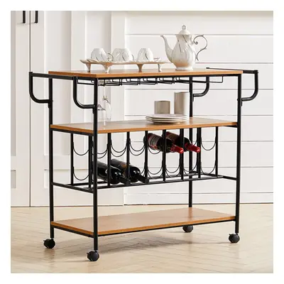 (A) Vintage Wood Tiers Kitchen Serving Trolley with Wine Rack