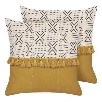 Set of Cotton Cushions Geometric Pattern x cm White and Yellow WOODI