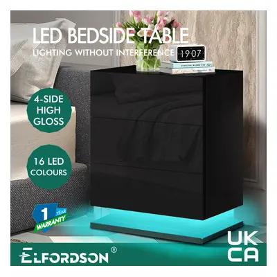 (ZAIM - DRAWERS (BLACK)) ELFORDSON Bedside Table RGB LED Nightstand 2/3 Drawers Side High Gloss