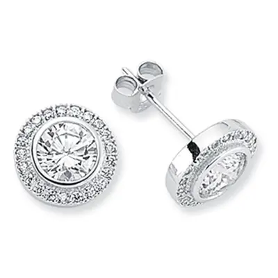 Jewelco London Rhodium Plated Sterling Silver Round Cubic Zirconia Halo Stud Earrings 6mm 10mm -