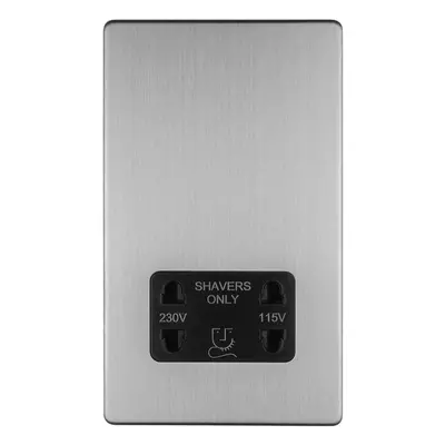 230V & 115V Twin Shaver Socket Wall Plate SCREWLESS SATIN STEEL Bathroom