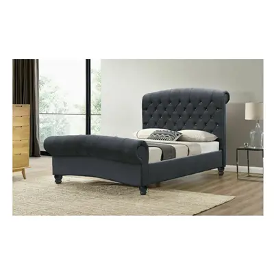 (Grey, Ameila Mattress) 4ft6 Double Plush Velvet Diamante Chesterfield Sleigh Bed