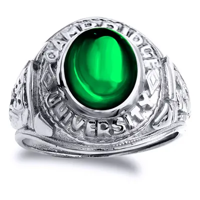 (U) Jewelco London Mens Rhodium Plated Sterling Silver Green Oval Cubic Zirconia Cabochon Colleg