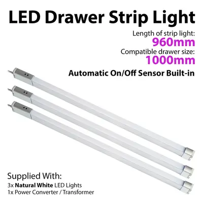 3x 1000mm LED Drawer Strip Light AUTO ON/OFF PIR SENSOR Kitchen Cupboard Door