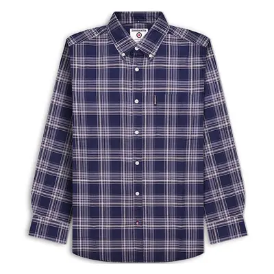 (S, Navy/Grey) Lambretta Mens Long Sleeve Checked Checkered Smart Shirt - Navy/Grey