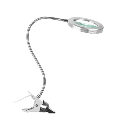 (Silver with magnifying glass) Magnifying LED Lamp USB Charging Table Light Clip-on Lamp Beauty 