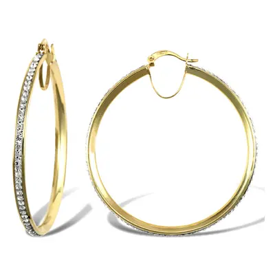 Jewelco London Ladies 9ct Yellow Gold White Round Crystal Eternity 3mm Hoop Earrings 40mm - JER7