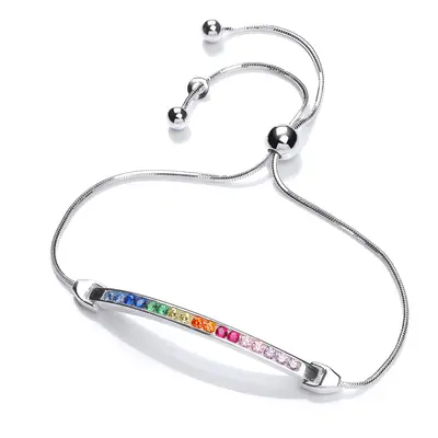 Jewelco London Unisex Sterling Silver Multi Colour CZ Rainbow Adjustable Snake Chain ID Bar Slid