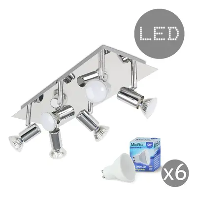 Modern Rectangular Silver Chrome Way Adjustable GU10 Ceiling Spotlight - Complete with 5w LED Bu