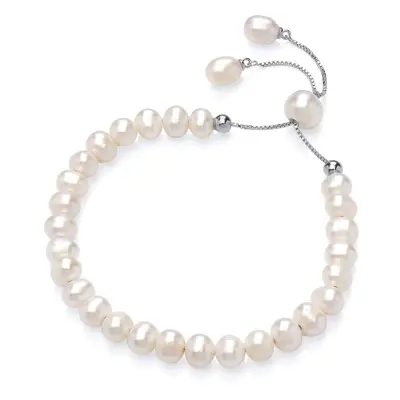 Jewelco London Ladies Rhodium Plated Sterling Silver Cream Oval Pearl Wobbly Pebble Adjustable S