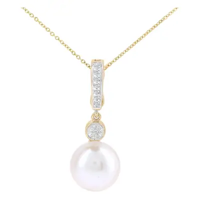 Jewelco London 9ct Yellow Gold Round 5pts Diamond Round Pearl 10.5mm Lightbulb Cap Pendant Neckl