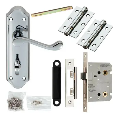 Door Handle & Bathroom Lock Pack Chrome Scroll Upturned Thumb Turn Backplate