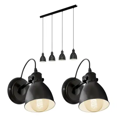 Quad Ceiling Light & 2x Matching Wall Lights Black Industrial Hanging Trendy