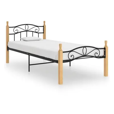 vidaXL Bed Frame Black Metal and Solid Oak Wood 100x200 cm Bedroom Furniture