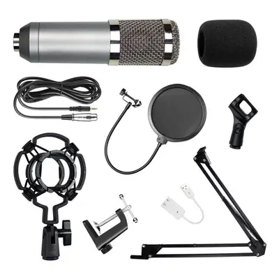 (Silver) USB Condenser Microphone Computer K Song Wired Set Sound Card Blowout Prevention Net