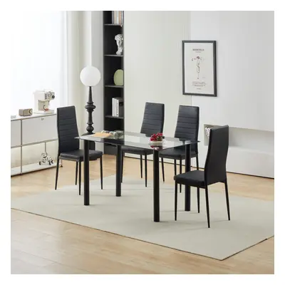 5 Piece Modern Black Glass Dining Set Rectangular Table Faux Leather Chairs