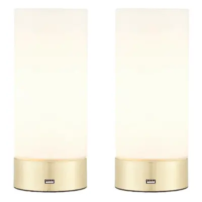 2 PACK | Touch Dimmable Table Lamp Brass & Frosted Glass Shade Light USB Charger