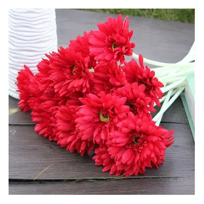 (Red) 10Pcs Sunbeam Artificial Flower Mum Gerber Daisy Bridal Bouquet Silk Wedding Party Flowers