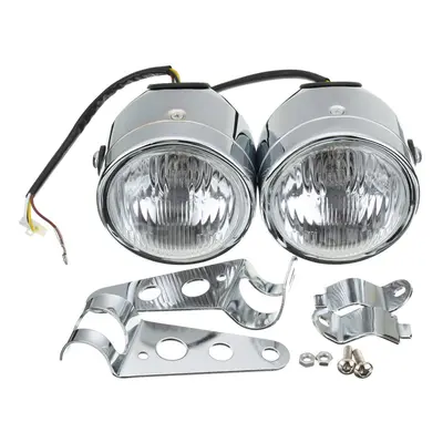 (Silver) 12V H4 35W Dual Twin Motorcycle Headlight Dominator Tracker Streetfighter Headlamp+Brac