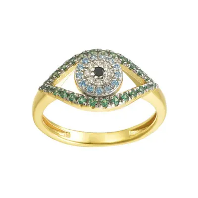 (O) Jewelco London Siver 14ct Gold Plated CZ Set Evil Eye Ring - ARN197