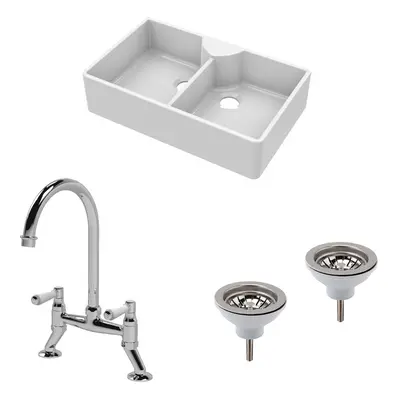 Fireclay Kitchen Bundle - Double Bowl Butler Sink, x Wastes & Bridge Lever Tap, 895mm - Chrome -