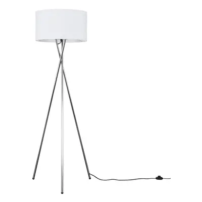 Modern Polished Chrome Metal Tripod Floor Lamp with a White Cylinder Shade - Complete with a 6w 