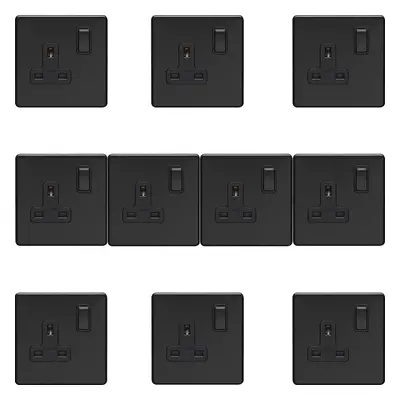 10 PACK Gang DP 13A Switched UK Plug Socket SCREWLESS MATT BLACK Wall Power