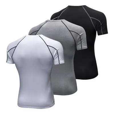 (White Grey Black, L) Men Short Sleeve Compression Shirt Pack of