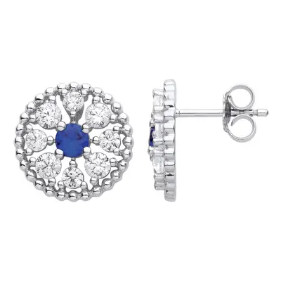 Jewelco London Ladies Rhodium Plated Sterling Silver Blue CZ Beady Blue Eyes Circle Stud Earring