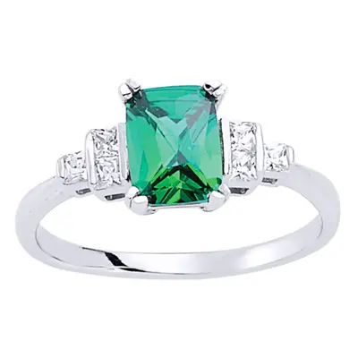 (L) Jewelco London Ladies Rhodium Sterling Silver Green Emerald and Princess Cut Cubic Zirconia 