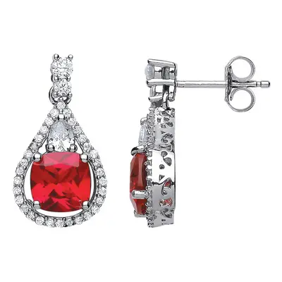 Jewelco London Ladies Sterling Silver Ruby-Red Cushion Cubic Zirconia Halo Teardrop Drop Earring