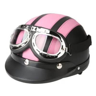 (Rose) Motorcycle Scooter Open Face Half Leather Helmet with Visor UV Goggles Retro Vintage Styl