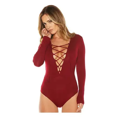 (Burgundy, 2XL) Sexy Women Bodysuit Plunge Neckline Lace Up Tie Front Stretch Playsuit Leotard J