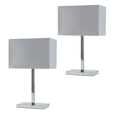 Pair of - Modern Polished Chrome Square Tube Table Lamps with a Grey Rectangular Shade