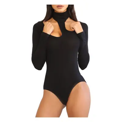 (Black, M) Women Jumpsuit Halterneck Long Sleeve Cutout Solid Night Club Party